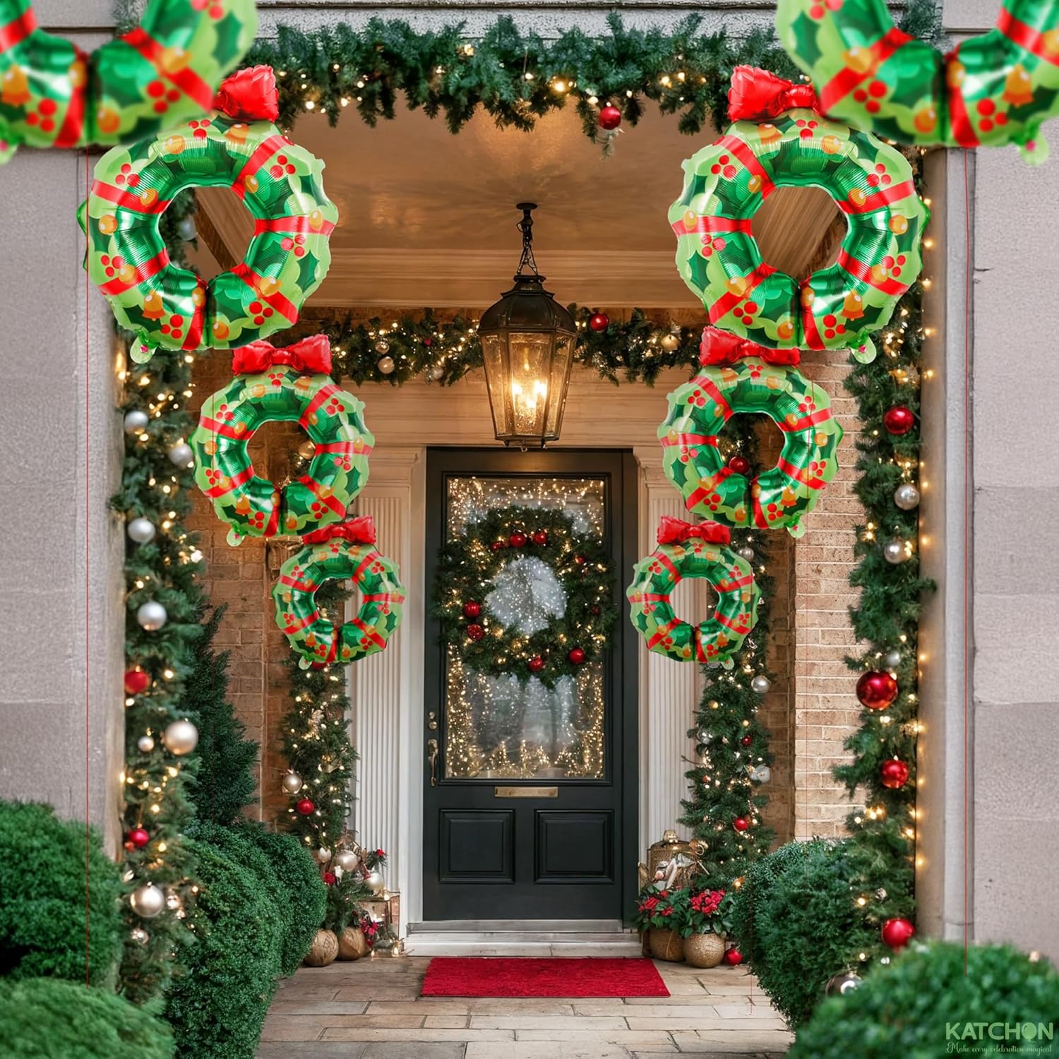 , Wreath Christmas Balloons – Pack Of 8 | Christmas Decorations Indoor | Wreath Balloons With Red Bow For Holiday Celebrations, Family Gatherings | Outdoor Xmas Decorations