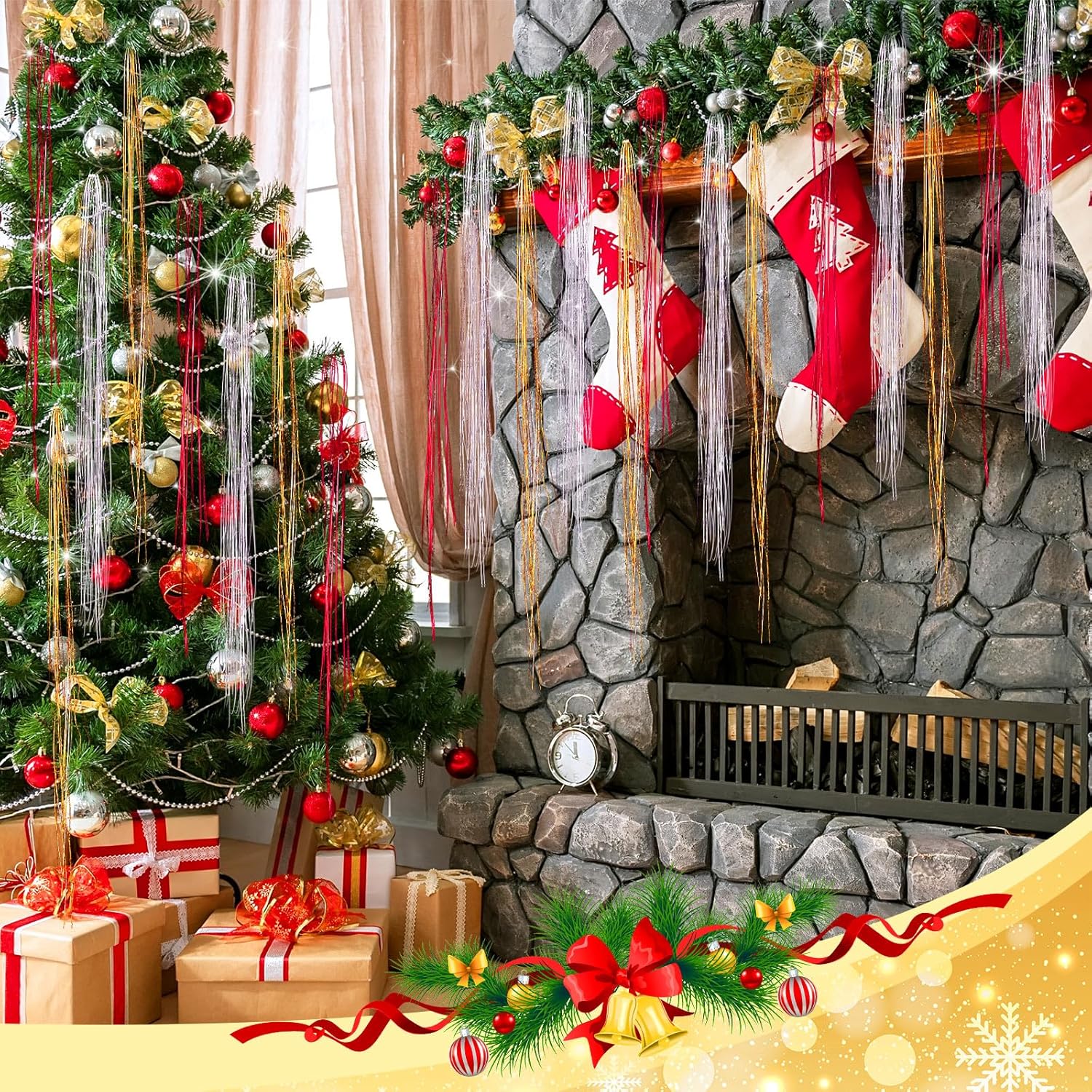 12000 Christmas Icicle Tinsel Gold Red Silver Tinsel For Christmas Tree 19.6" Foil Fringes Shiny Strand Icicle For Holiday Decor Birthday Supplies