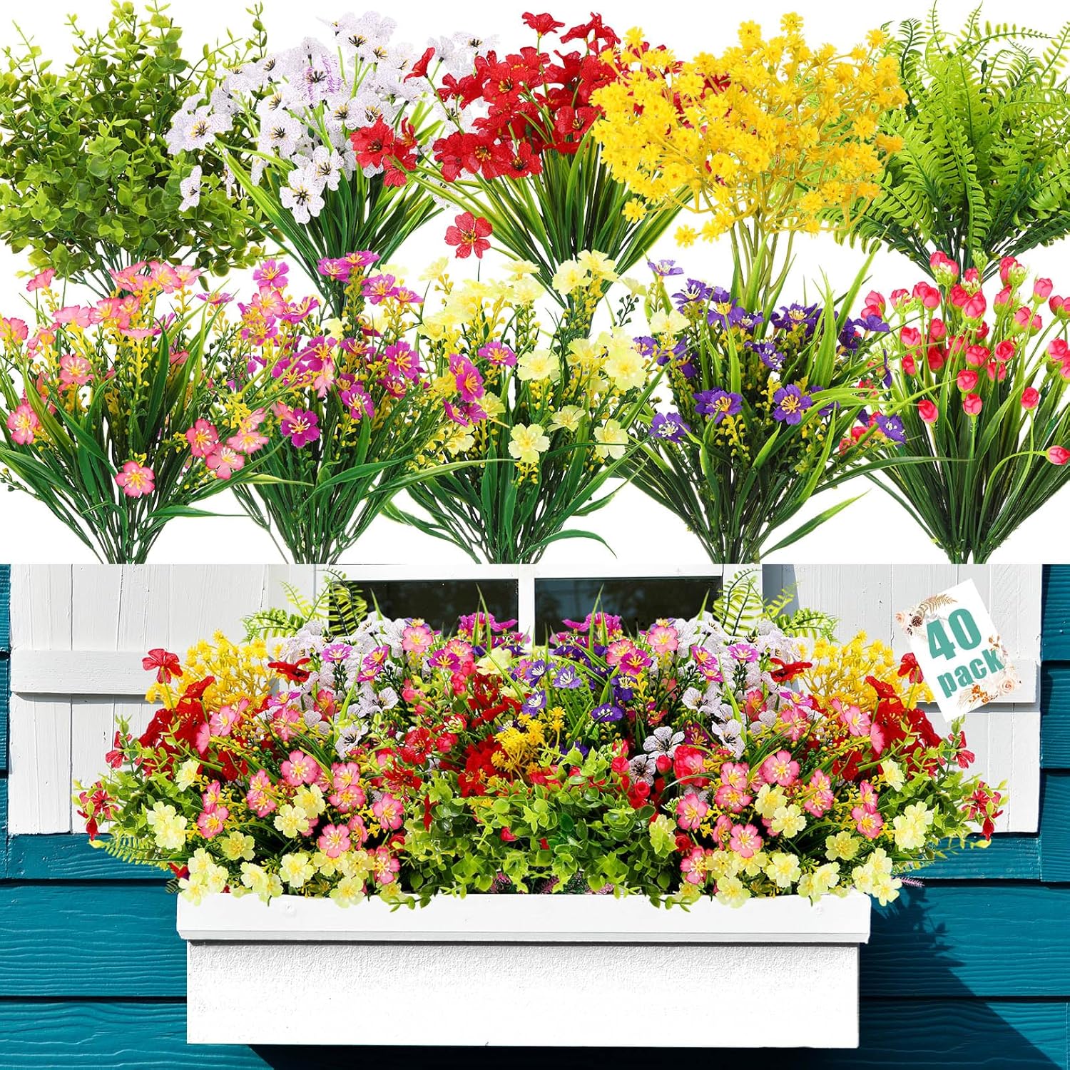 40 Bundles Artificial Flowers For Outdoor No Fade Faux Artificial Plants Shrubs Plastic Fake Flower 10 Kinds Uv Resistant Faux Flowers For Garden Porch Window Decoration(Mix 2)