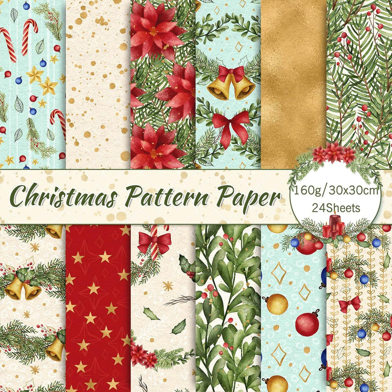 Christmas Scrapbook Paper Xmas Watercolor Pattern Paper 24 Pack Double-Sided C