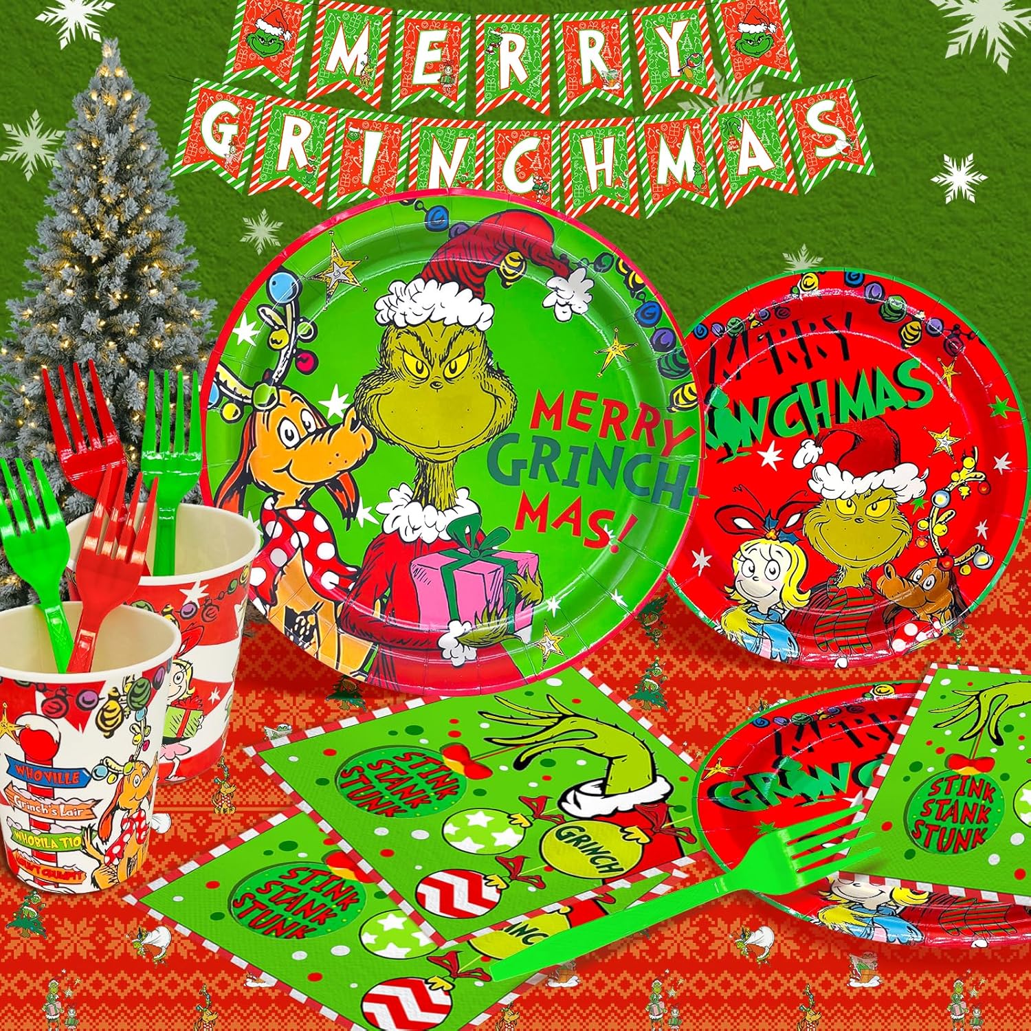 122Pcs Christmas Party Decorations Merry Christmas Party Supplies Tableware Set With Banner Plates Napkins Cups Tablecloth Forks Serve 24