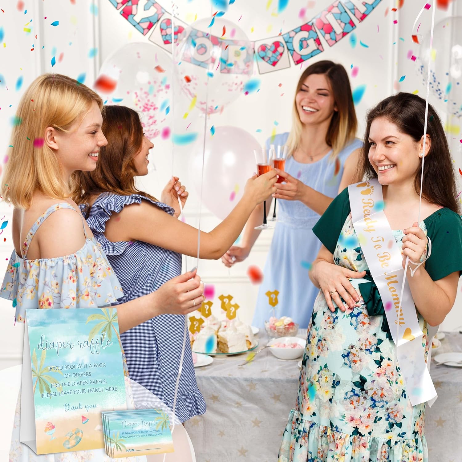 Summer Beach Baby Shower Games, Blue Ocean Diaper Raffle Tickets, Gender Reveal Party Decorations And Supplies, 1 Sign And 50 Cards Game Set-A09