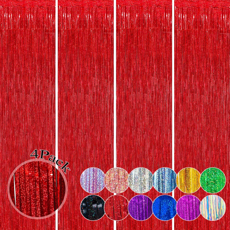 4 Pack Red Fringe Backdrop 12.8X8.2Ft Glitter Tinsel Foil Fringe Curta