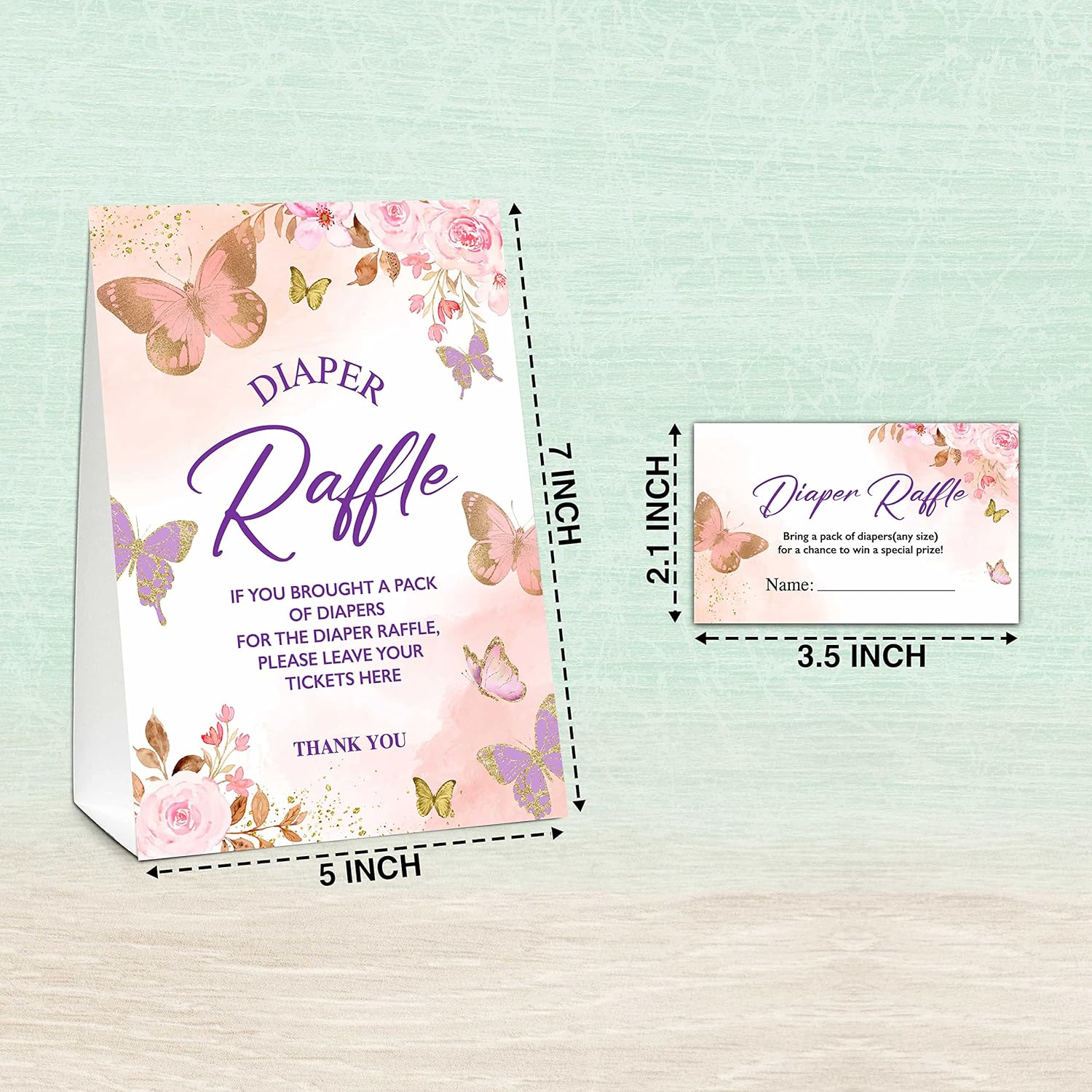 Diaper Raffle Party Games, Butterfly Baby Shower Game, Blush Pink Floral Themed Baby Gender Reveal Party Supplies & Activities -1 Double Sided Standing Sign + 50 Guessing Cards (A04)