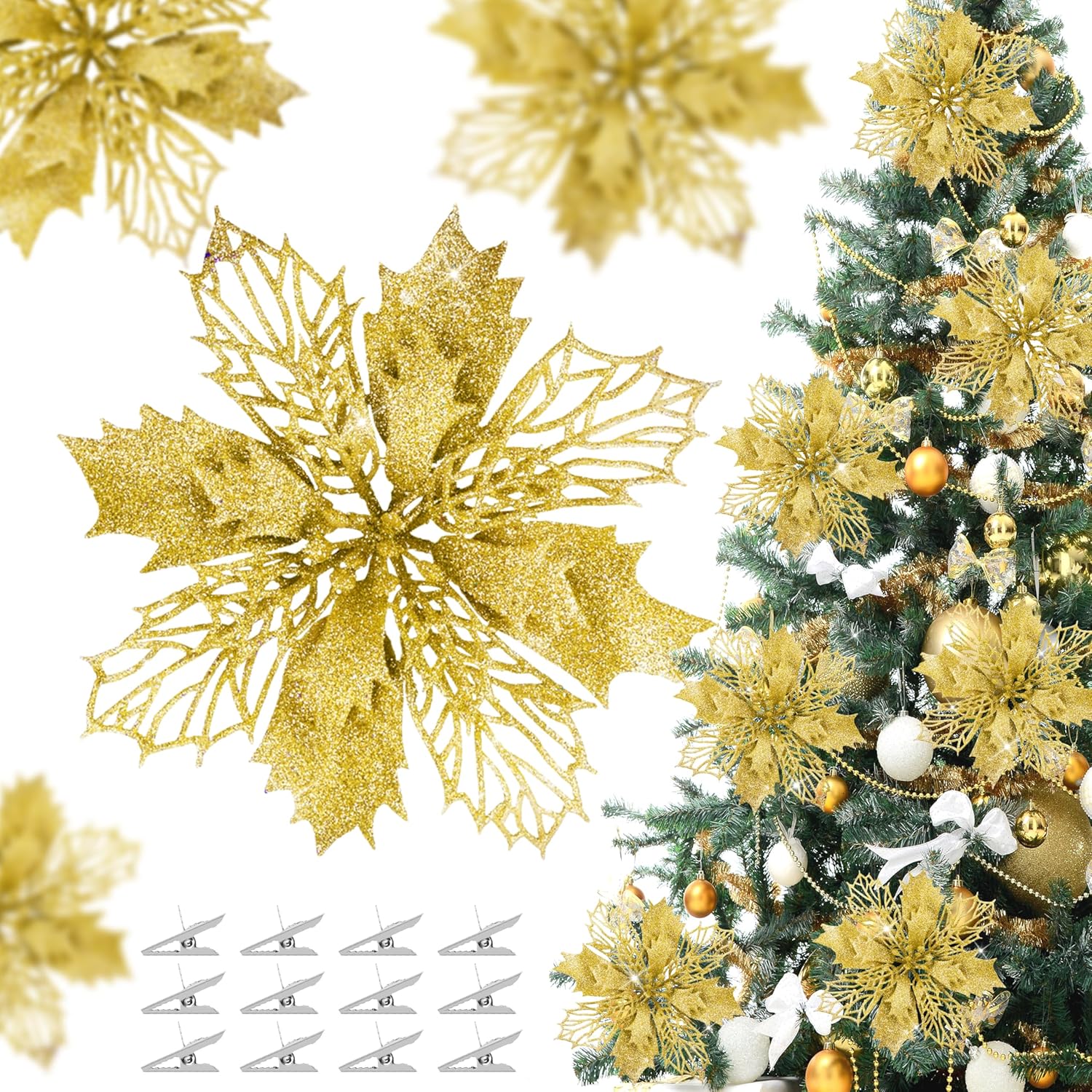 36 Pcs Christmas Glitter Poinsettia Flowers Artificial Flower Ornaments Fake Flower Christmas Tree Decorations Glitzy Poinsettia With Clips For Diy Xmas Wreaths Holiday Home Party Decor (Gold)