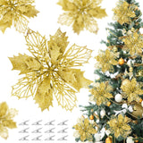36 Pcs Christmas Glitter Poinsettia Flowers Artificial Flower Ornaments Fake Flower Christmas Tree Decorations Glitzy Poinsettia With Clips For Diy Xmas Wreaths Holiday Home Party Decor (Gold)
