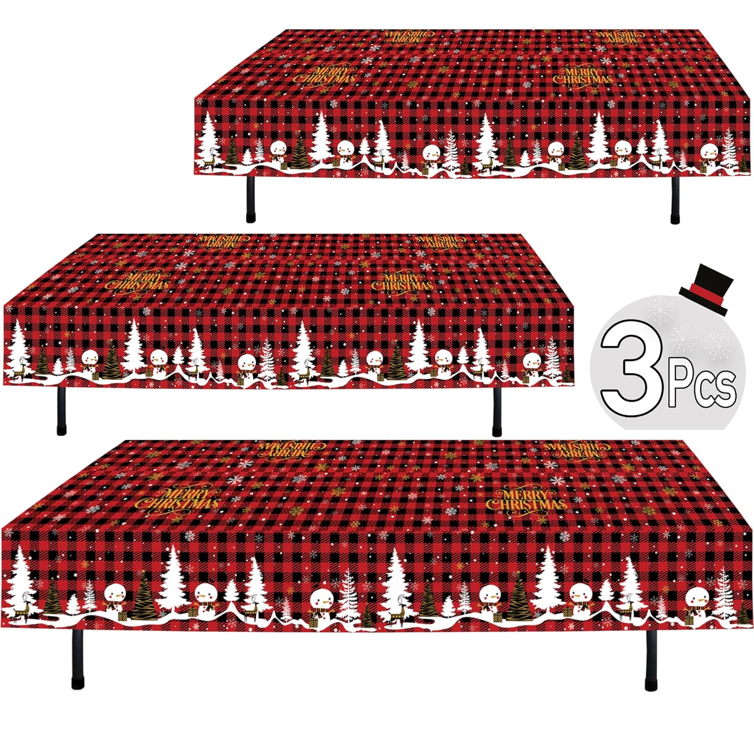 Christmas Plastic Tablecloth | 3 Pcs Pack (54” Inch Wide X 108” Inch Long) | Xmas Rectangular Table Cover | Snowman, Merry Christmas Table Decoration | Christmas Party Decorations Tablecover