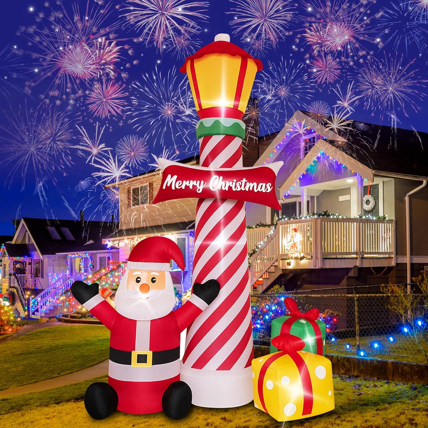 8Ft Christmas Decorations Outdoor Inflatables Giant Santa Claus Stands Under The Lighthouse With Gift Box, Blow Up Built
