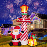 8Ft Christmas Decorations Outdoor Inflatables Giant Santa Claus Stands Under The Lighthouse With Gift Box, Blow Up Built