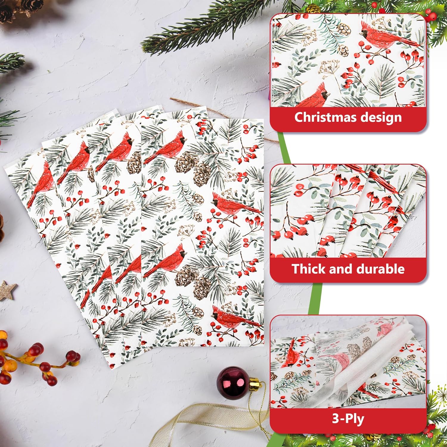 100 Pcs Christmas Cardinal Birds Paper Napkins Winter Xmas Disposable Guest Napkin Red Berries Cedar Cones Bathroom Hand Towel For Holiday Party Tableware Supplies