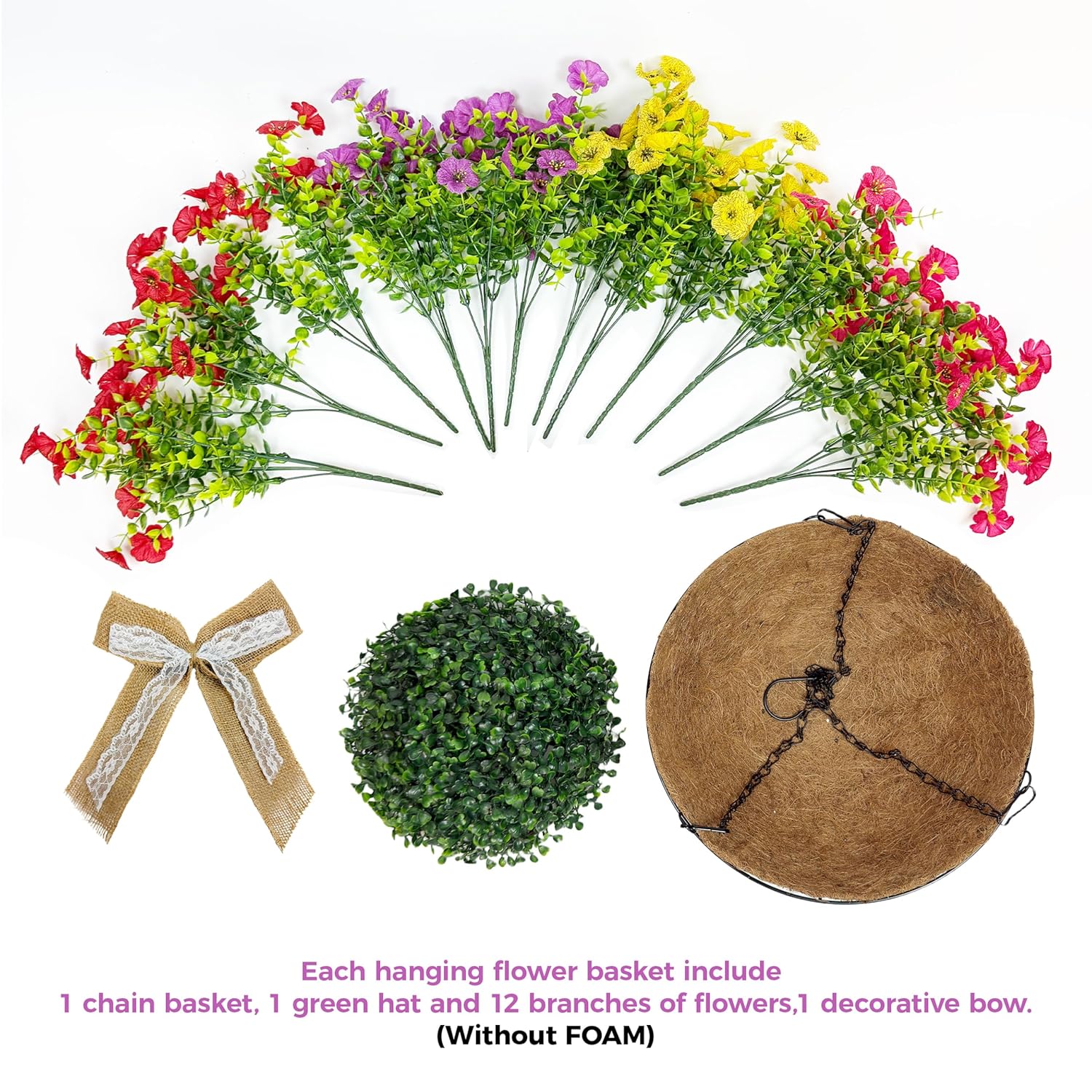 3 Pack Artificial Hanging Flower Baskets With Linen Bows, Decorative Fake Hanging Planters With 36 Pcs Uv Resistant Flowers For Spring Summer Indoor Outdoor Garden Porch Decor(Multicolour)