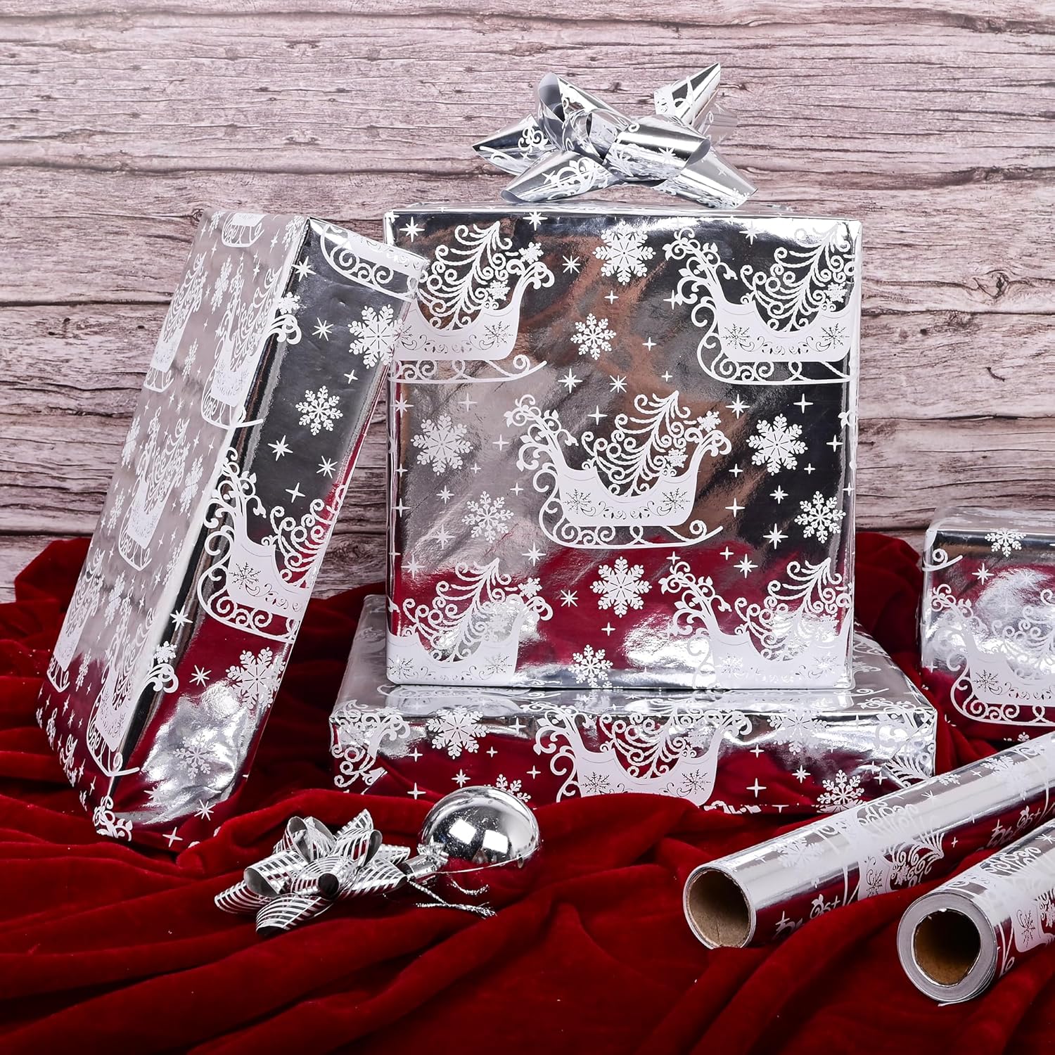 Reversible Sliver Christmas Wrapping Paper Roll - Red Black Xmas Sleigh & Stripe Design For Holiday Winter Parties (Sliver Sleigh, 17 Inches X 16.5 Feet)