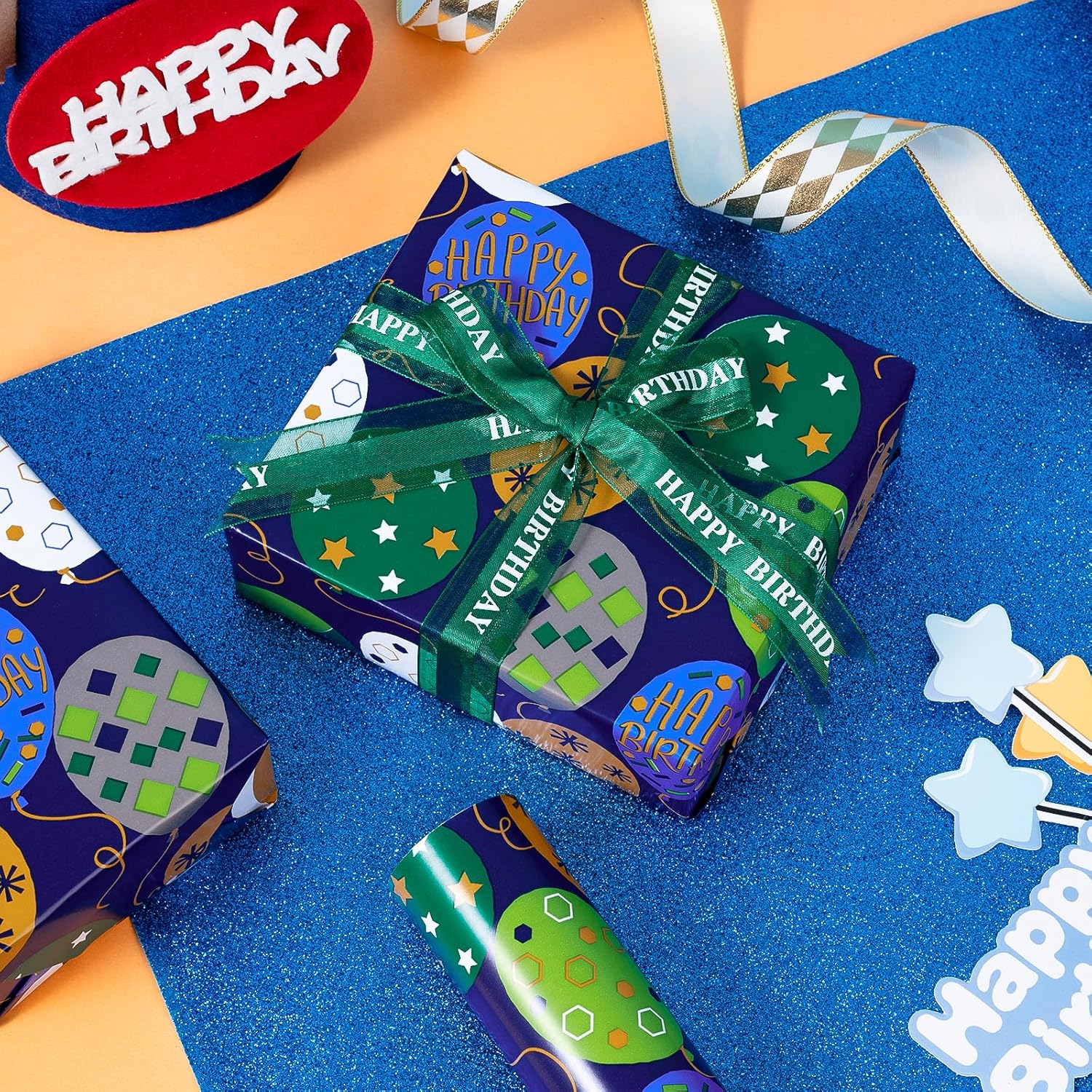 Reversible Wrapping Paper Roll, Blue Happy Birthday Lettering & Balloon Design For Boys, Men'S Party, Mini Roll, 17 In X 32.8 Ft (46.45 Sq Ft)