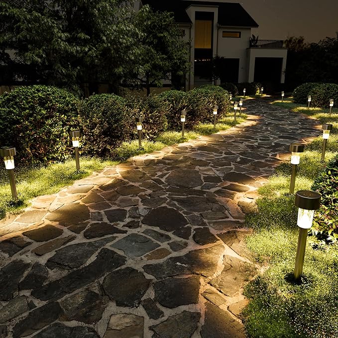 16 Pack Stainless Steel Solar Pathway Lights Waterproof Cold White Landscape Walkway Lights