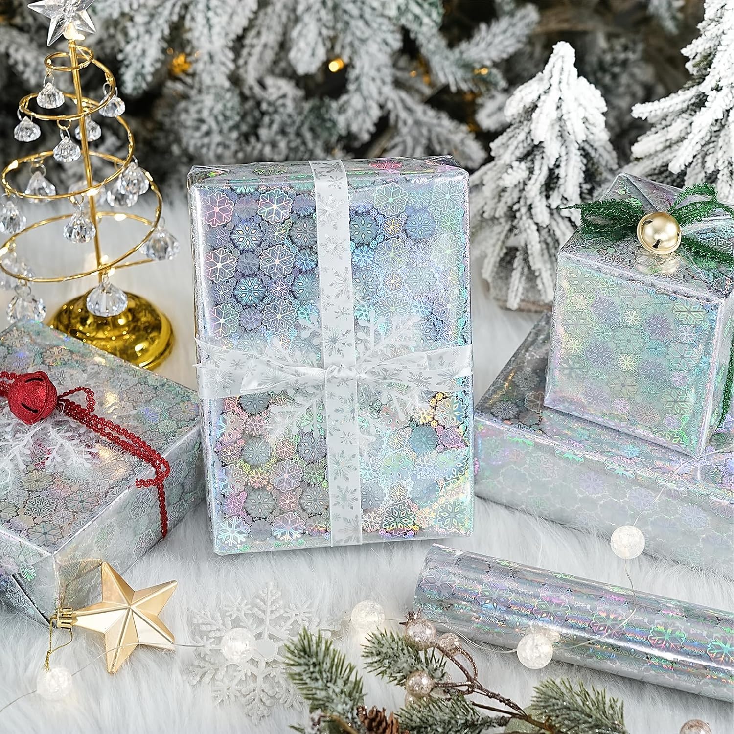 Silver Holographic Wrapping Paper, Metallic Snowflake Design For Christmas, New Year'S Eve, Holiday Party, Birthday Bash, Bridal Shower, Baby'S First Christmas, Mini Roll, 17 In X 32.8 Ft