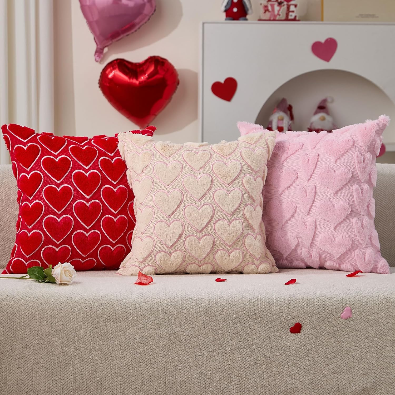 Valentines Pillow Covers 20X20 Inch Set Of 2 Valentines Day Decoration Pink Embroidery Beige Heart Soft Plush Faux Fur Jacquard Throw Pillows For Bedroom Sofa Holiday Home Decor Ptk074B20