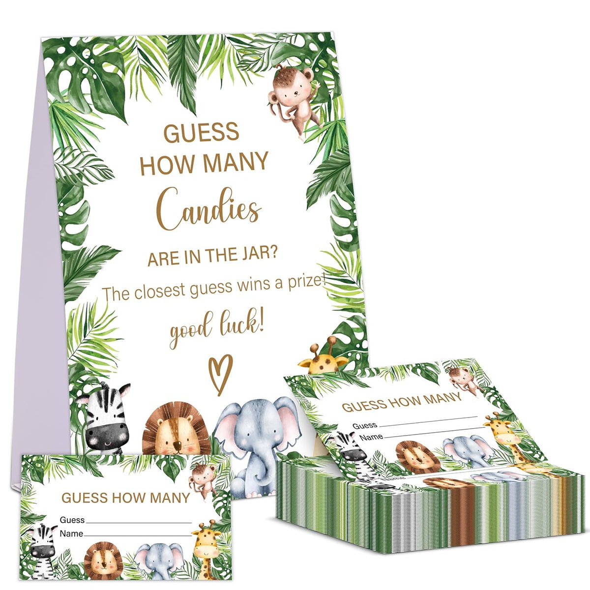 Jungle Safari Baby Shower Game, Guess How Many Candies Are In The Jar, Pack Of 1 Sign And 50 Guessing Cards, Baby Shower Decoration, Gender Neutral - 03