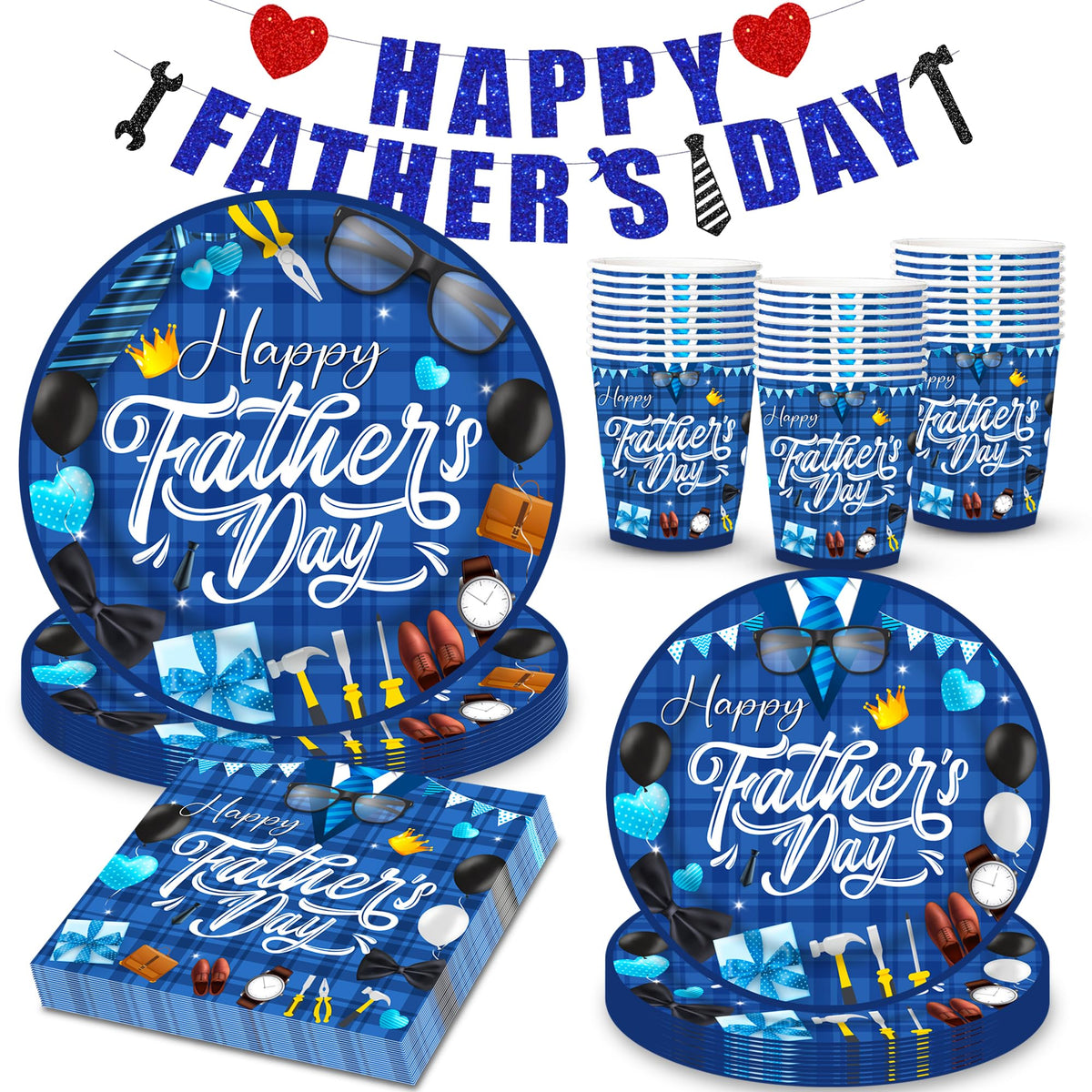 Fathers Day Decorations,101PCS Fathers Day Paper Plates and Napkins(Serves 25),Happy Father’s Day Decorations Includes Paper Plates,Napkins,Cups and Happy Fathers Day Banner