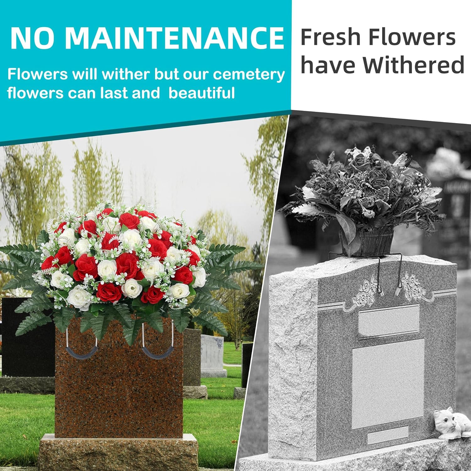 Headstone Flower Saddle,Large Artificial Cemetery Flowers For Grave,Cemetery Memorial Flowers For Outdoor Tombstone Decorations (Red White)