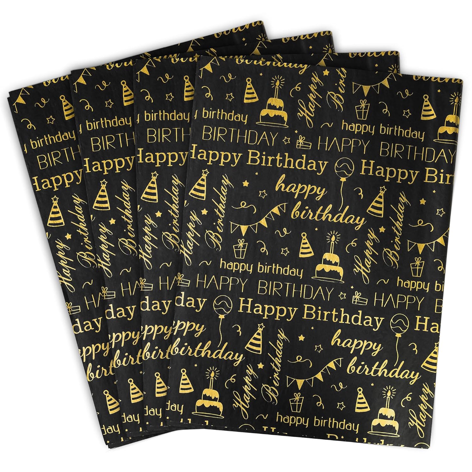 100 Sheets Black & Gold Birthday Tissue Paper - 20" X 14", Happy Birthday Design For Gift Bags & Parties