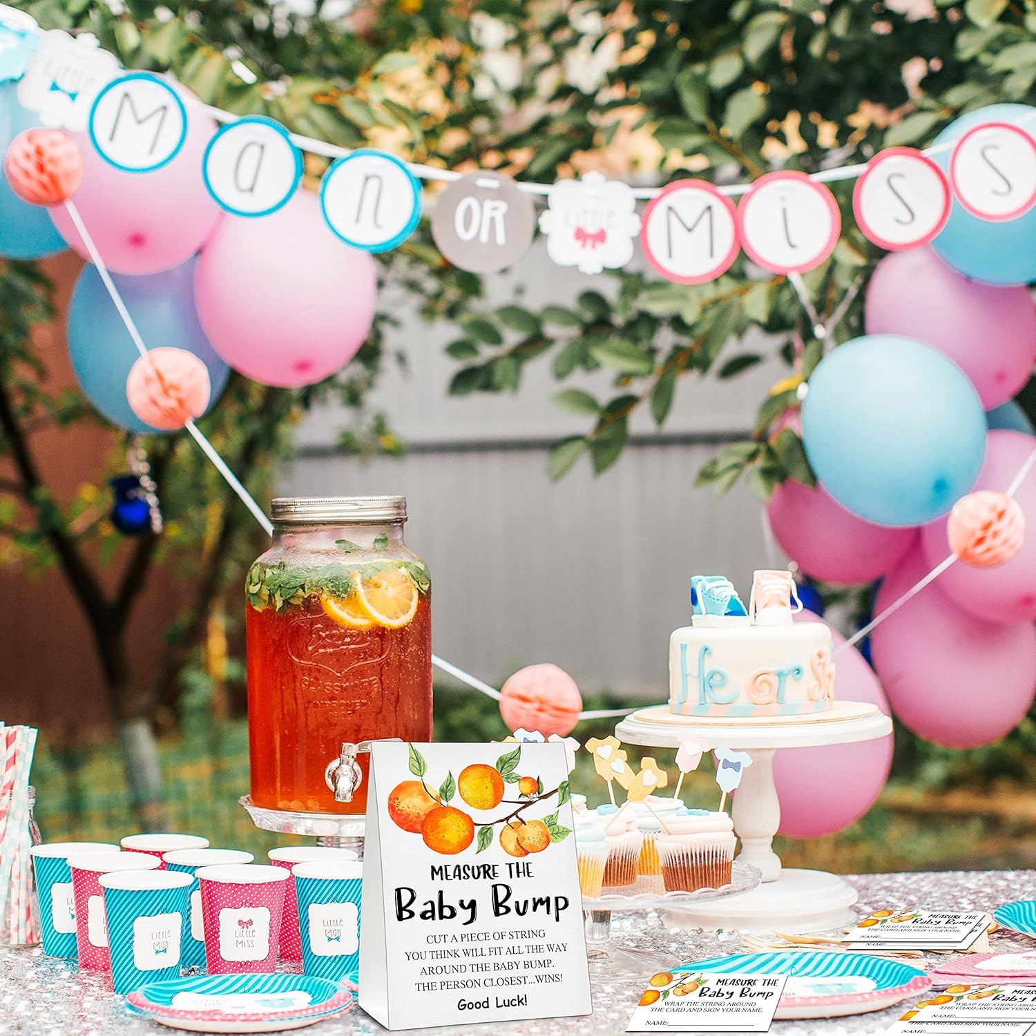 Measure The Baby Bump Baby Shower Game Set, 1 Standing Sign With 50 Guessing Cards, Little Cutie Gender Reveal Party Decorations Supplies - B07