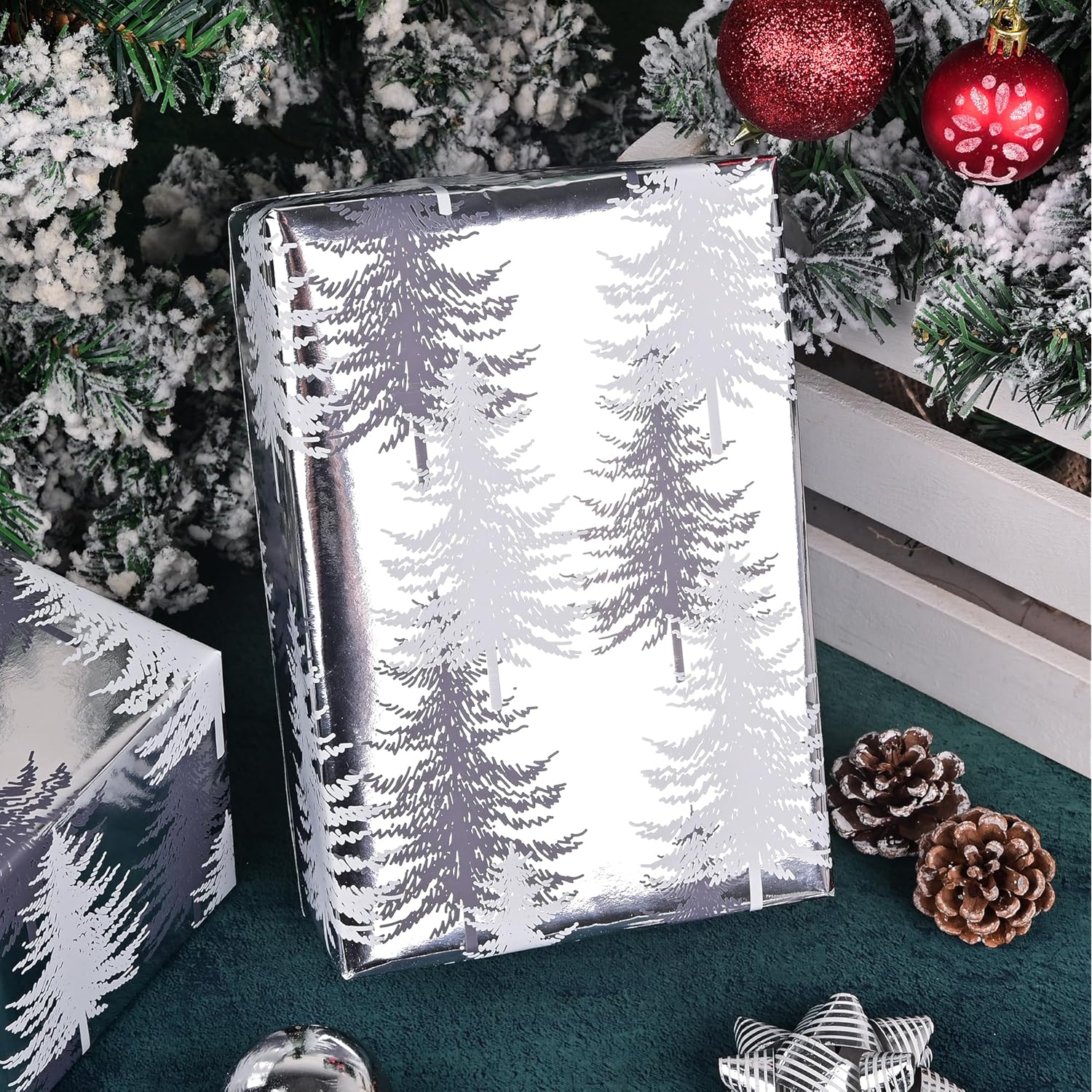 Reversible Wrapping Paper Roll - Silver Metallic Foil Gift Wrap With Trees, Stripes Design For Holiday Winter (Sliver Christmas Tree, 17Inch X 16.5Feet)