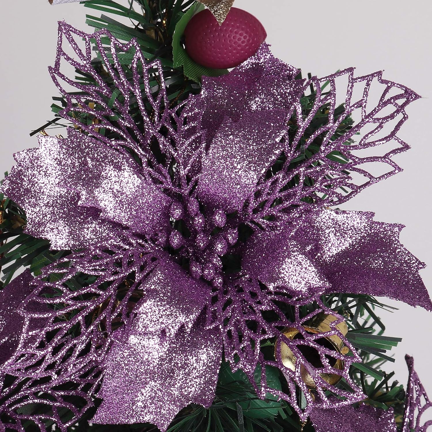 10 Packs Christmas Glitter Poinsettia Flowers Artificial Christmas Flowers Decorations Wedding Xmas Tree New Year Ornaments Xmas Garland Wreath Diy Decorations Supplies(Light Purple)