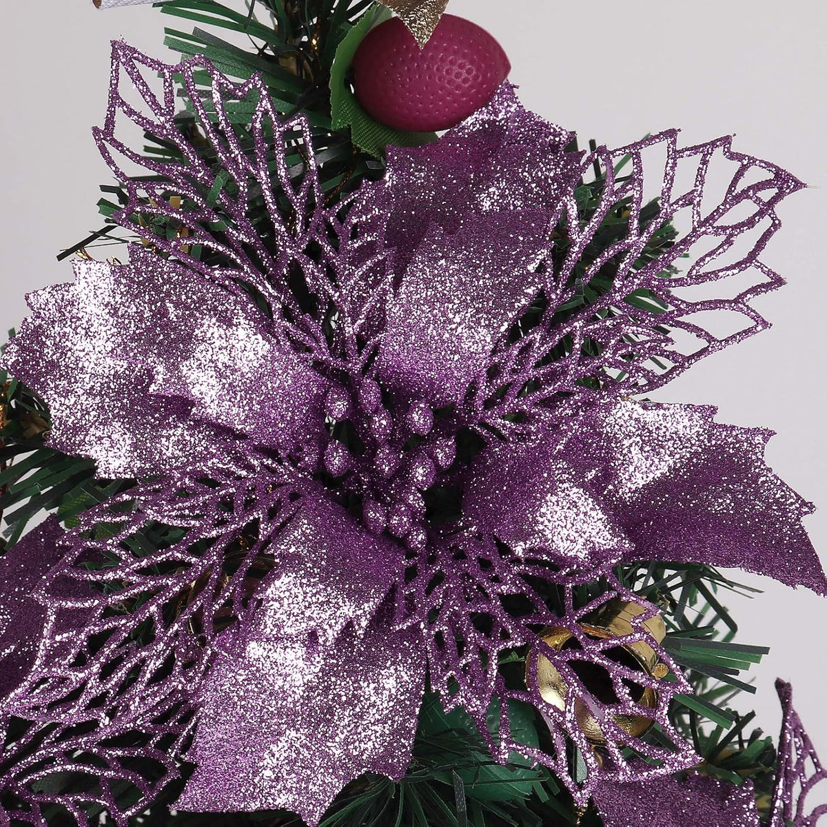 10 Packs Christmas Glitter Poinsettia Flowers Artificial Christmas Flowers Decorations Wedding Xmas Tree New Year Ornaments Xmas Garland Wreath Diy Decorations Supplies(Light Purple)