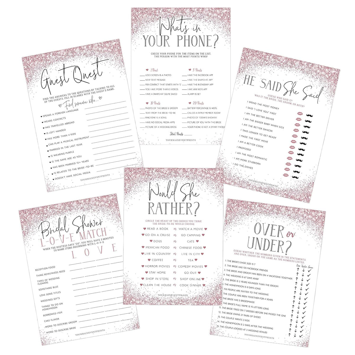 Bridal Shower Games (Set Of 6 Fun Activities For 25 Guests) - Pink Glitter Theme - Printed Front And Back, One Game Per Side