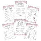Bridal Shower Games (Set Of 6 Fun Activities For 25 Guests) - Pink Glitter Theme - Printed Front And Back, One Game Per Side