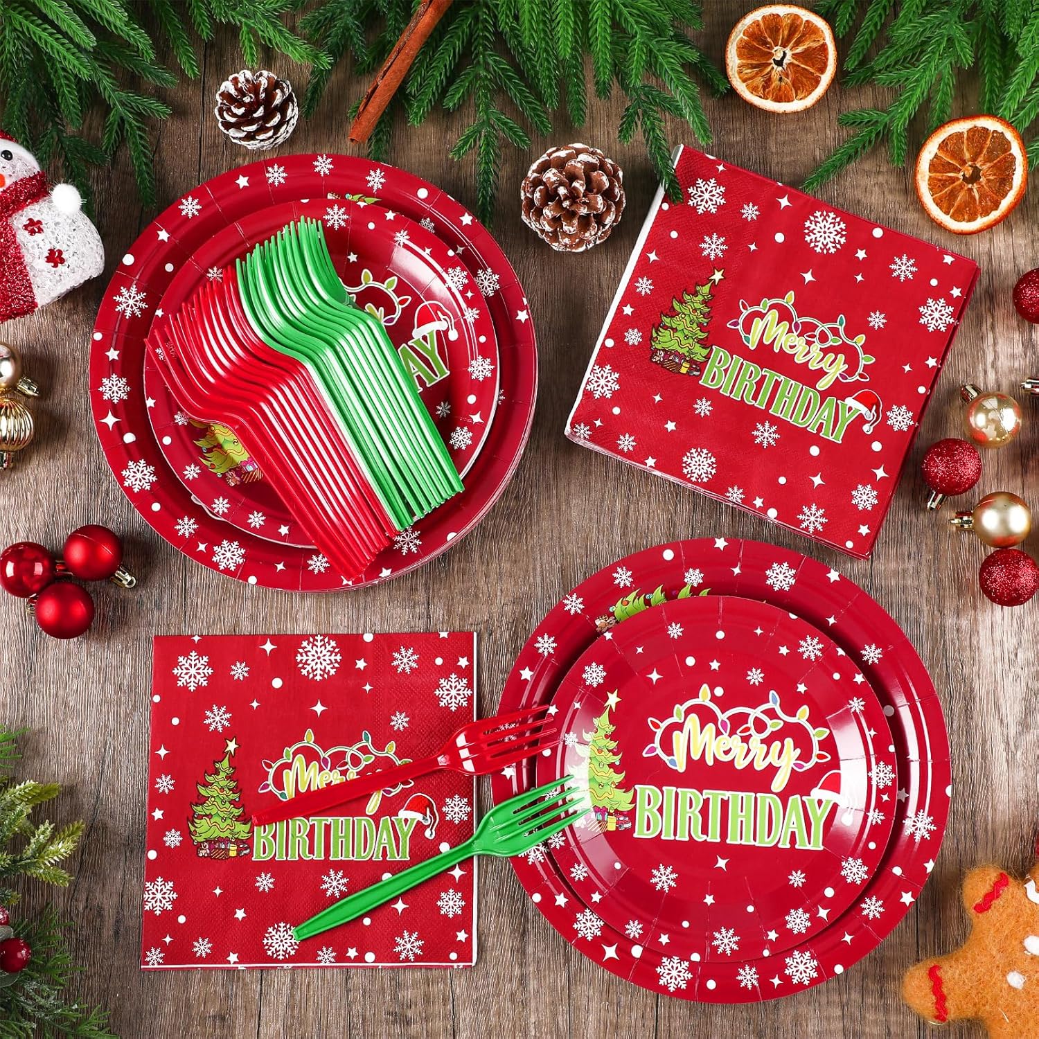 96 Pcs Christmas Birthday Decorations Set Merry Birthday Christmas Paper Plates And Napkins Forks Disposable Xmas Tableware Set For Xmas New Year Decorations, 24 Guests