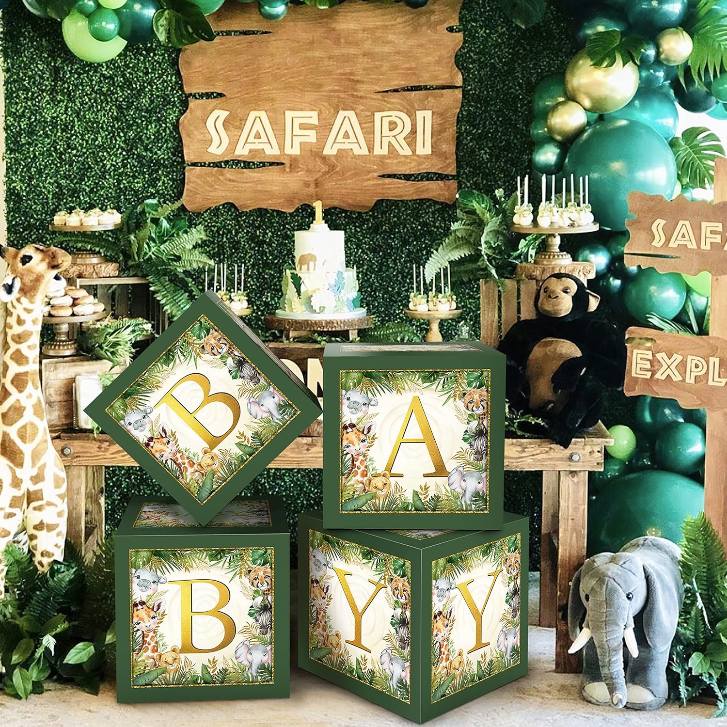 Jungle Safari Baby Boxes With Letters For Baby Shower Decorations - Animal Theme Decor Balloon Blocks For Safari Baby Shower, Gender Reveal, Birthday Party Supplies (Boy/Girl)