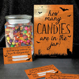Halloween Party Game - Guess How Many Candies Are In The Jar Party Activity (1 Sign & 30 Guessing Cards)