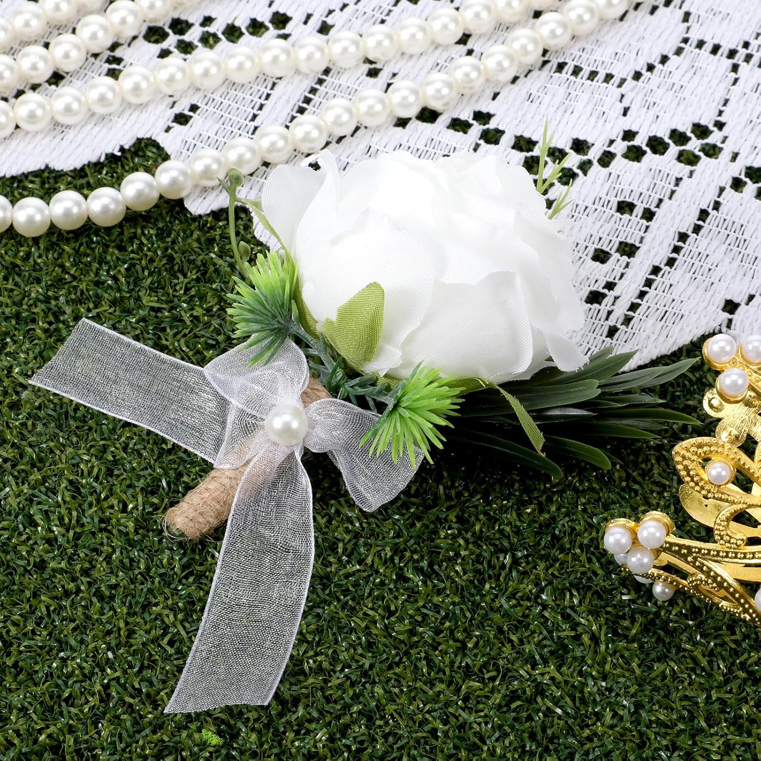 Boutonniere For Men, 2Pcs White Rose Wedding Bouquet Artificial Flowers, Corsage And Boutonniere Set For Groom Groomsmen, Anniversary Celebration Prom Party Formal Events
