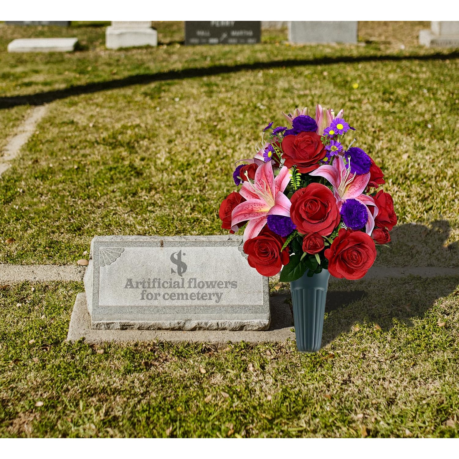 Artificial Cemetery Flowers With Vase, Artificial Rose Lily Carnation Bouquet, Graveyard Memorial Flowers For Cemetery Headstones Decoration