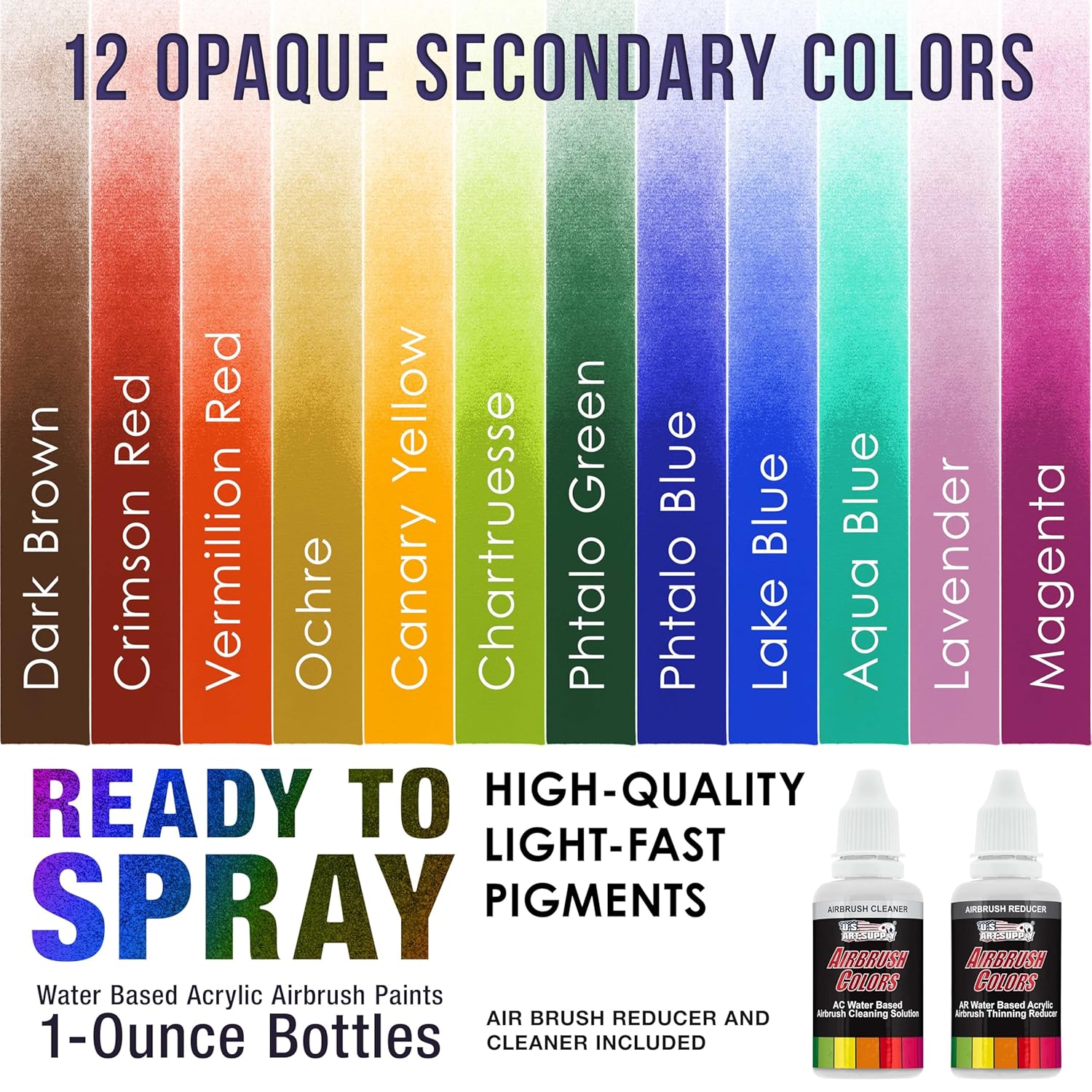 Airbrush Paint Set - 12 Color Secondary Opaque With Reducer & Cleaner, Ready To Spray Air Brush Paint, 1-Ounce Water-Based Acrylic For Painting Metal, Plastic Models, Canvas, Wood
