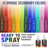 Airbrush Paint Set - 12 Color Secondary Opaque With Reducer & Cleaner, Ready To Spray Air Brush Paint, 1-Ounce Water-Based Acrylic For Painting Metal, Plastic Models, Canvas, Wood