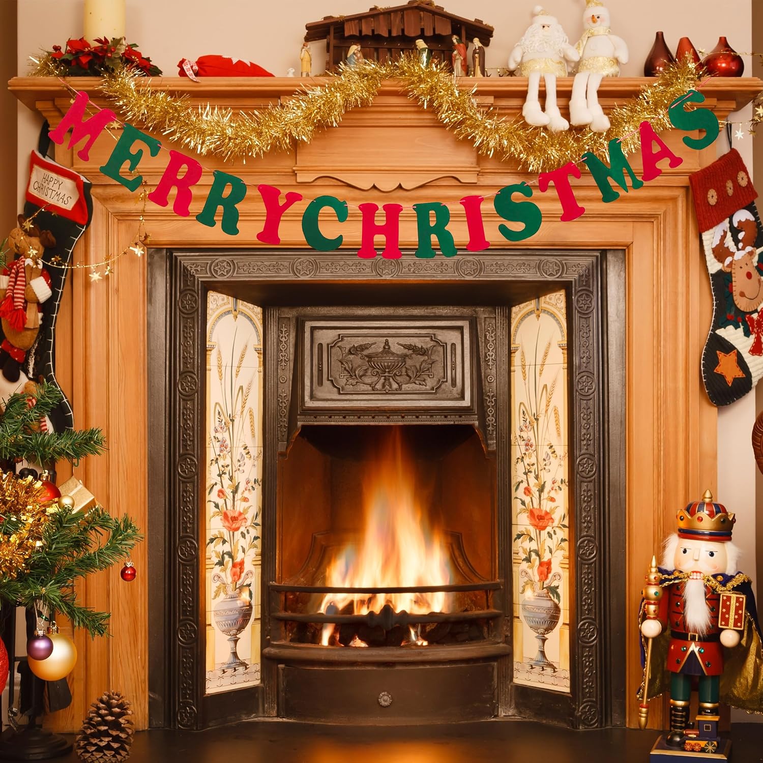 Merry Christmas Banner Red Green Wool Felt Garland Christmas Decorations Indoor Happy Holiday Decorations Cute Hanging Decor For Mantel Fireplace Wall, Kids Bedroom, Living Room,Party Supplies