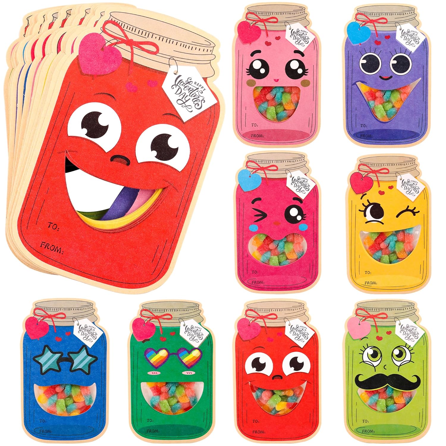 Valentines Day Cards For Kids School – 48 Pack Funny Face Mason Jar Valentine Gift Cards With Treat Bags, Classroom Exchange Cards For Boys Girls Toddlers & Friends (Candy Not Included)