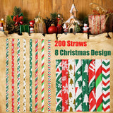 200 Christmas Paper Straws, 8 Styles Red Green White Gold Biodegradable Party Drinking Straws With Stripe, Wave, Christmas Tree Snowflake Design Decorations Supplies