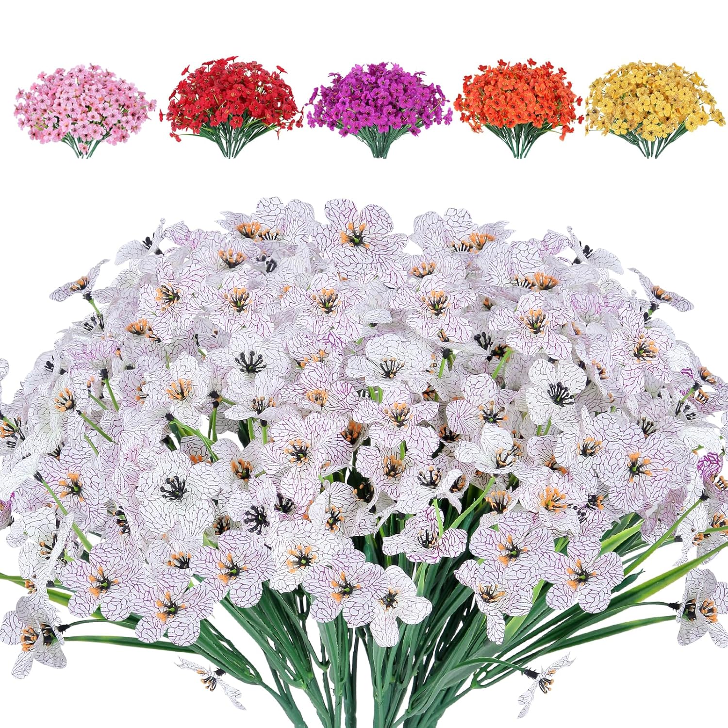 Artificial Flowers For Outdoor-24Pcs Uv Resistant Fake Flowers No Fade Silk Flowers Faux Plastic Plants Flowers Artificial Hanging Planters For Garden Porch Window Box Decorating (White)