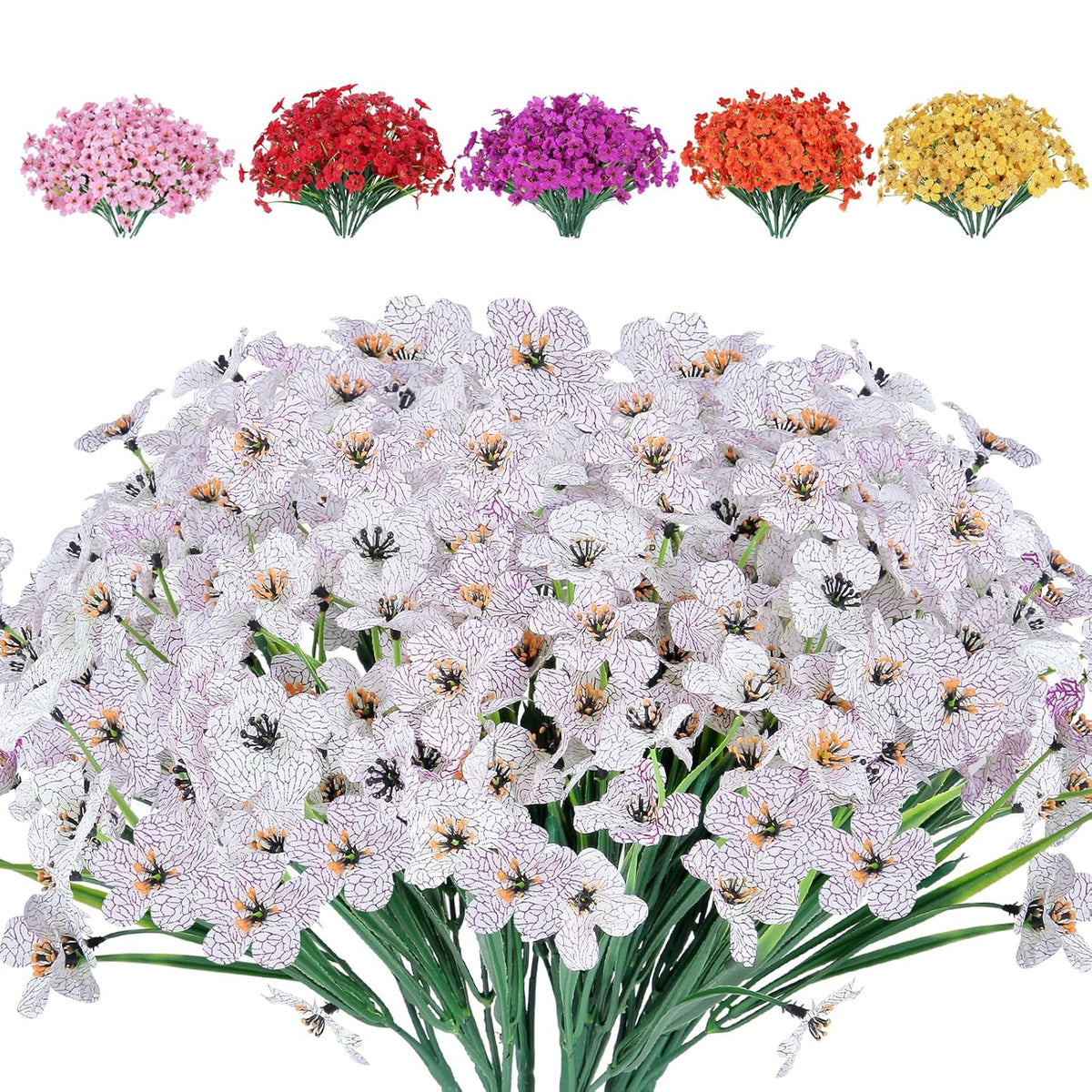 Artificial Flowers For Outdoor-24Pcs Uv Resistant Fake Flowers No Fade Silk Flowers Faux Plastic Plants Flowers Artificial Hanging Planters For Garden Porch Window Box Decorating (White)