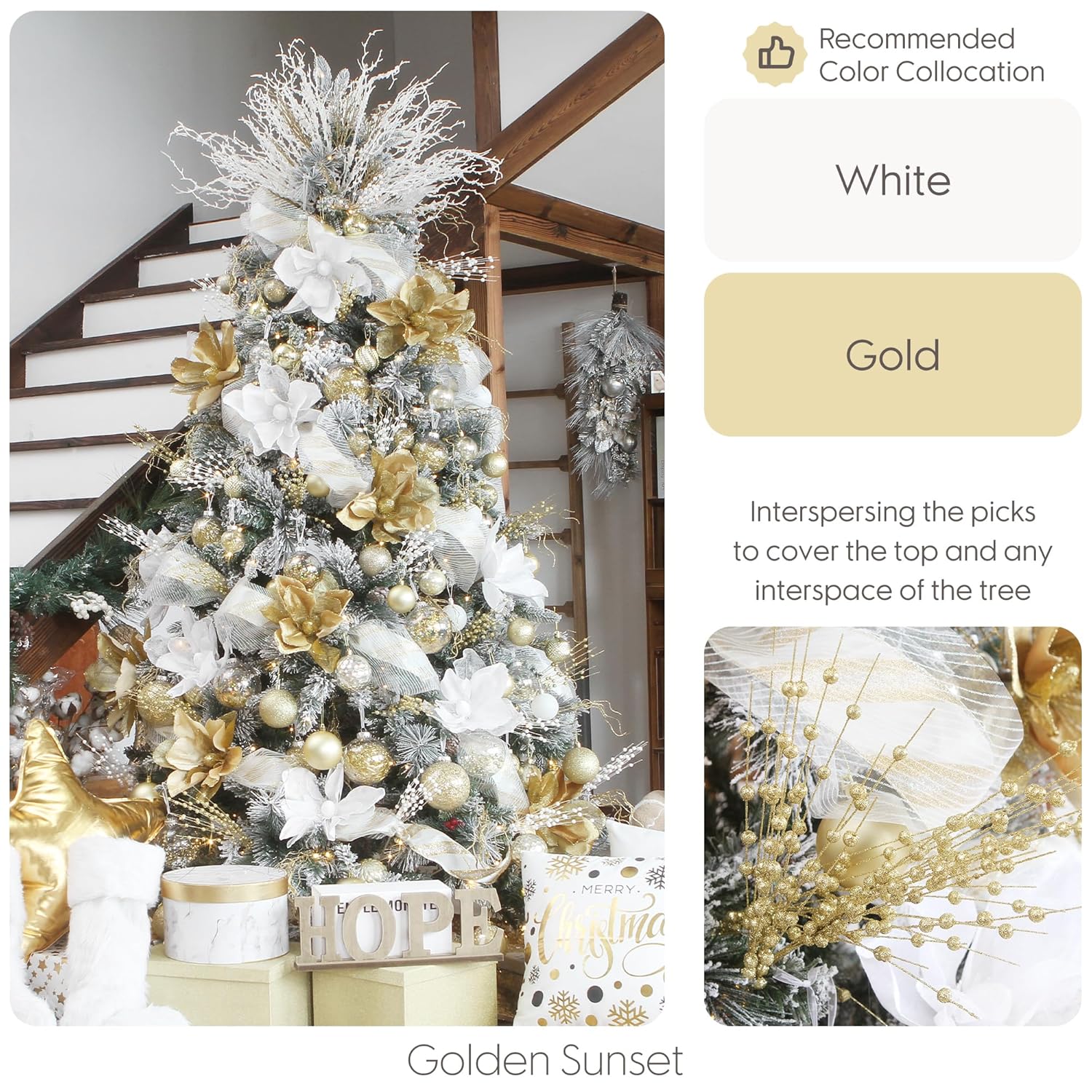 24-Pack Artificial Glitter Berry Stem Ornaments, Decorative Bead Sticks, Glittery Twigs, Picks, Branches For Christmas Tree, Small Vase, Holiday, Wedding, Party (17 Inches, Gold)