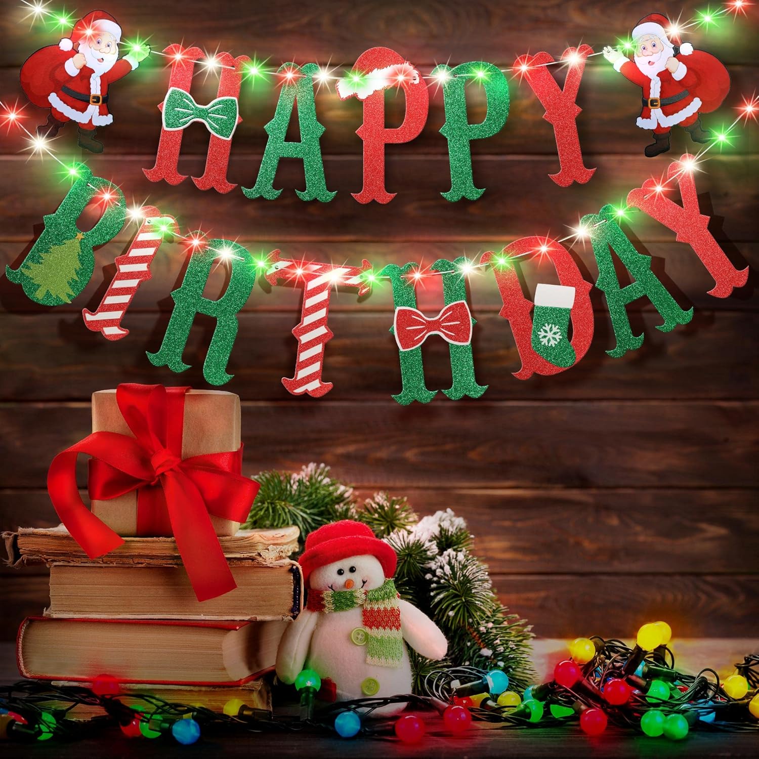 Happy Birthday Party Banner With Light, Christmas Birthday Party Decoration With 8 Modes Flashing String Light For Kids Christmas Birthday Party Garland Wall Fireplace Mantle Decor