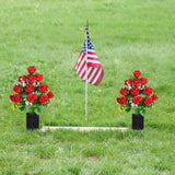 2 Sets Artificial Cemetery Flowers,Memorial Flowers,Beautiful Arrangements For Headstones,Black Plastic Vase With Drainage Hole Long Spikes Outdoor Memorials (Red)