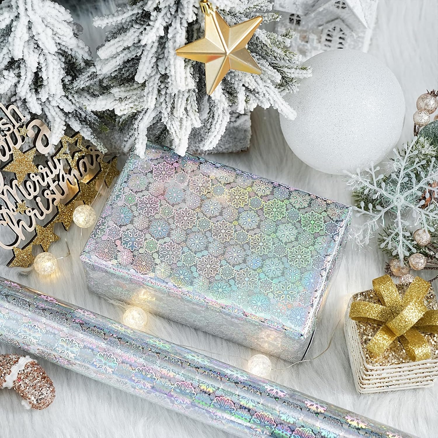 Silver Holographic Wrapping Paper, Metallic Snowflake Design For Christmas, New Year'S Eve, Holiday Party, Birthday Bash, Bridal Shower, Baby'S First Christmas, Mini Roll, 17 In X 32.8 Ft