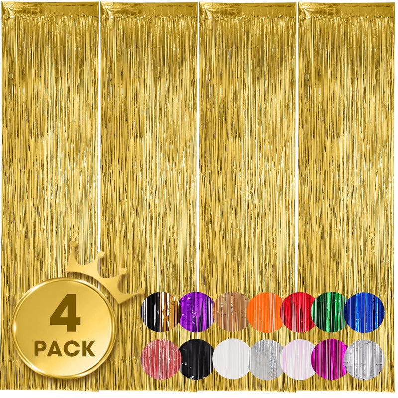 4 Pack Gold Foil Fringe Backdrop Curtains, Tinsel Streamers Birthday P