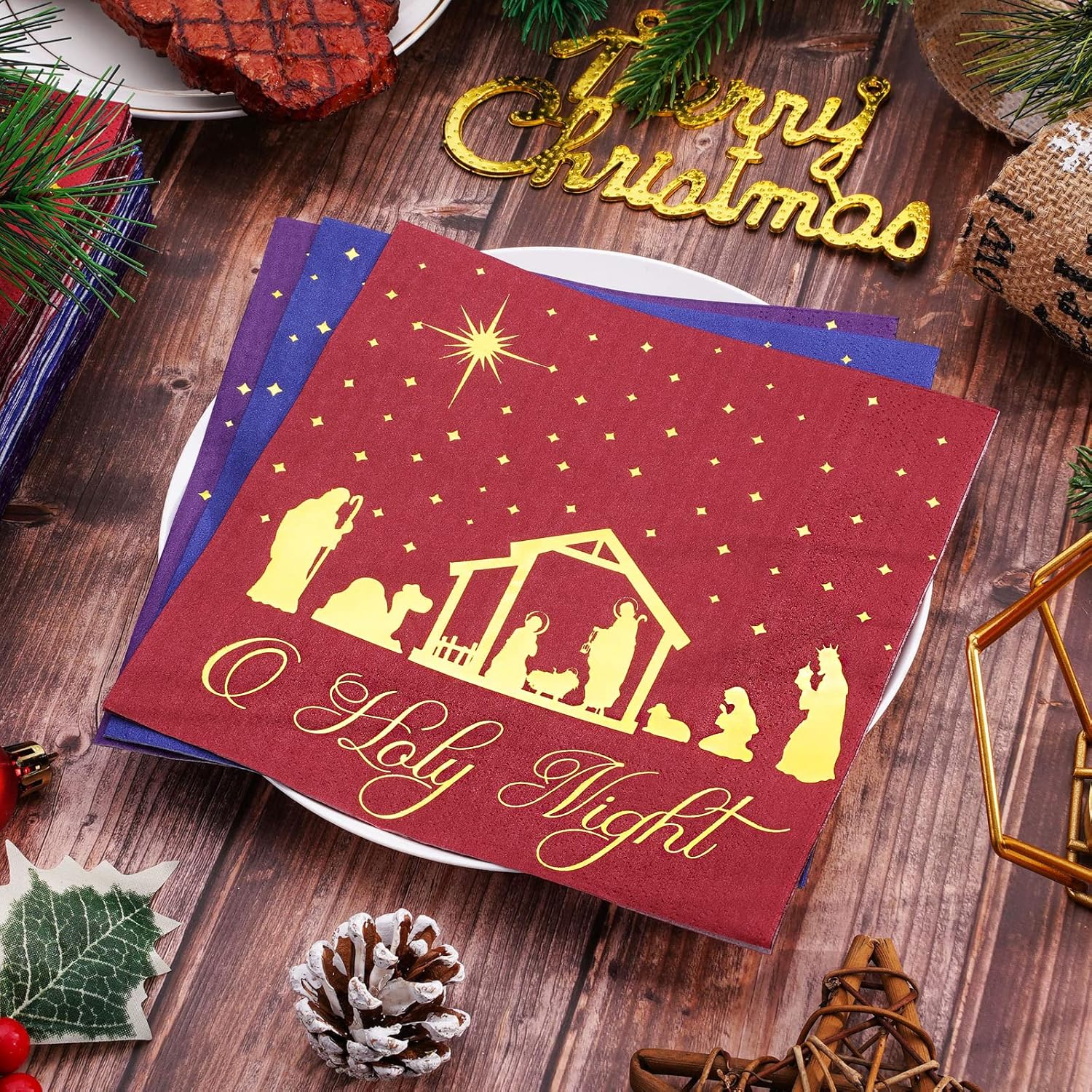 75 Pack Christmas Jesus Napkins Holy Night Nativity Disposable Paper Napkins 6.5In Jesus Joy To The World Gold Foil Lunch Napkin For Xmas Holiday Party Supplies Dinner Table Decor