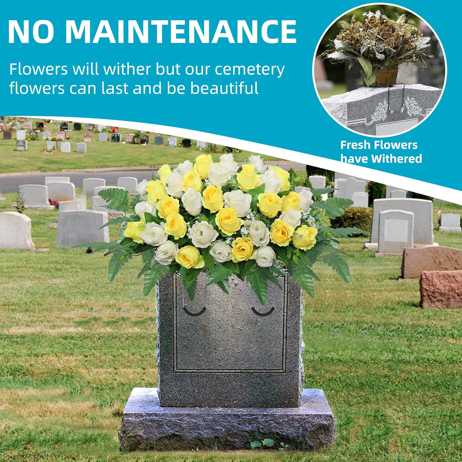 Artificial Cemetery Flowers Saddle - Grave Decoration Headstone Flower Rose For Outdoor Grave Decorations (Yellow White)