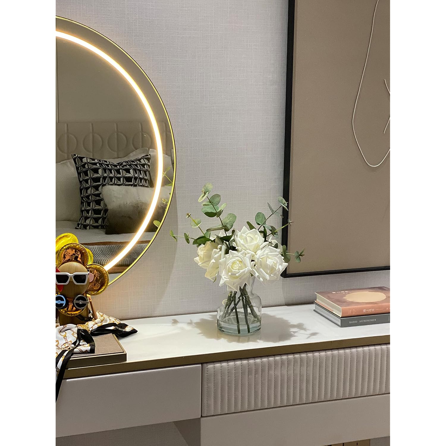 14" Artificial Flowers With White Roses In Vase, Fake Flowers In Artificial Water Vase, Silk Flower Arrangements With Artificial Flowers For Home Dining Table Decor.